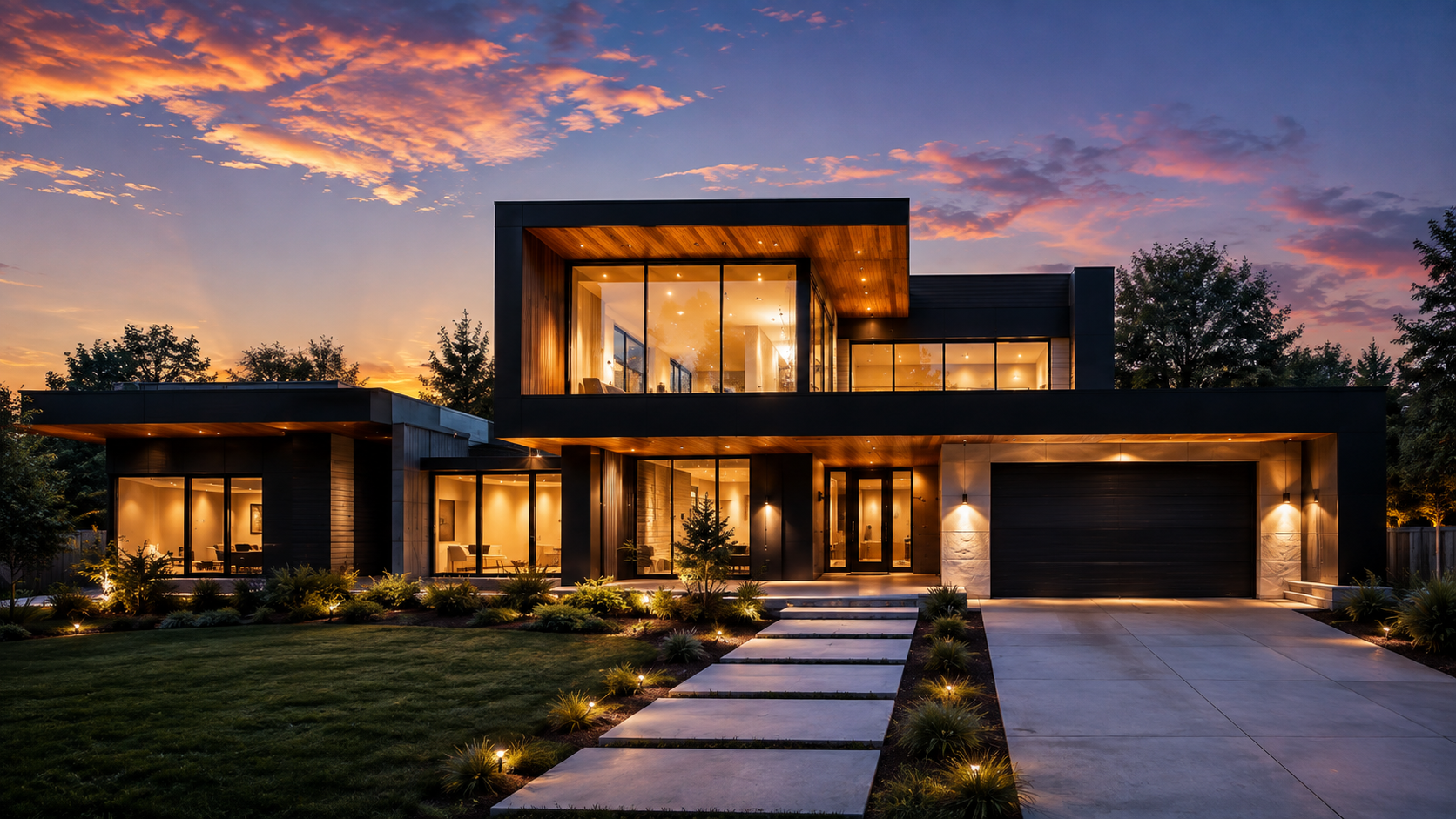 Modern remodeled home at dusk